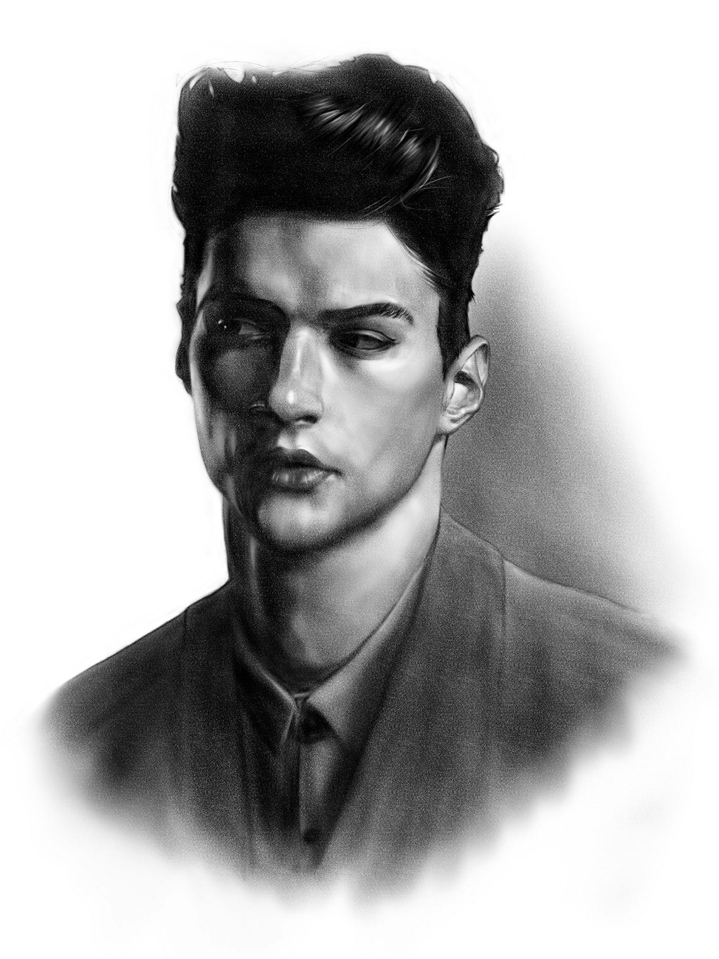 A black and white digital drawing imitating graphite of a young man with a tall swoop of hair on top, close cropped on the sides.