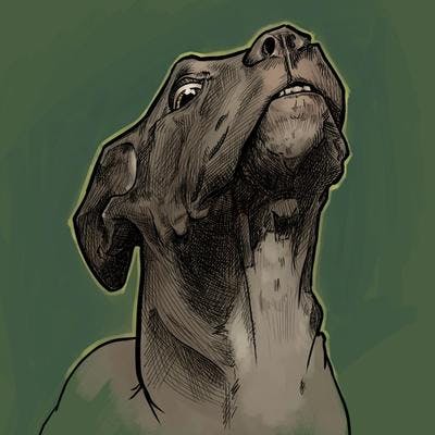 A digital drawing of a dog with bulky, square features with in black lines and shades of brown against a medium tone green background; the dog's head is pointed upward but the one visible eye is looking at the viewer.