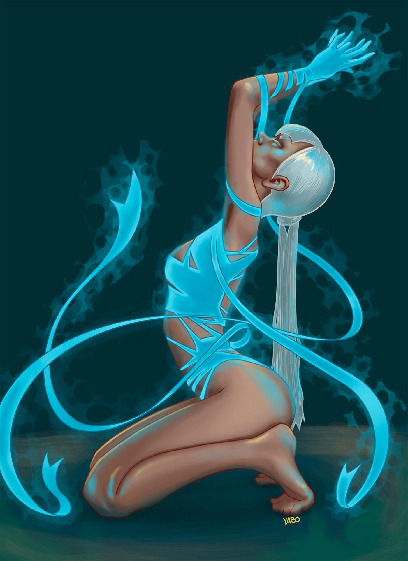 A digital illustration of a woman in profile, kneeling on the ground, her back arched and her arms in the air; her clothing looks like a bathing suit that is magically wrapping around her, glowing in blue.