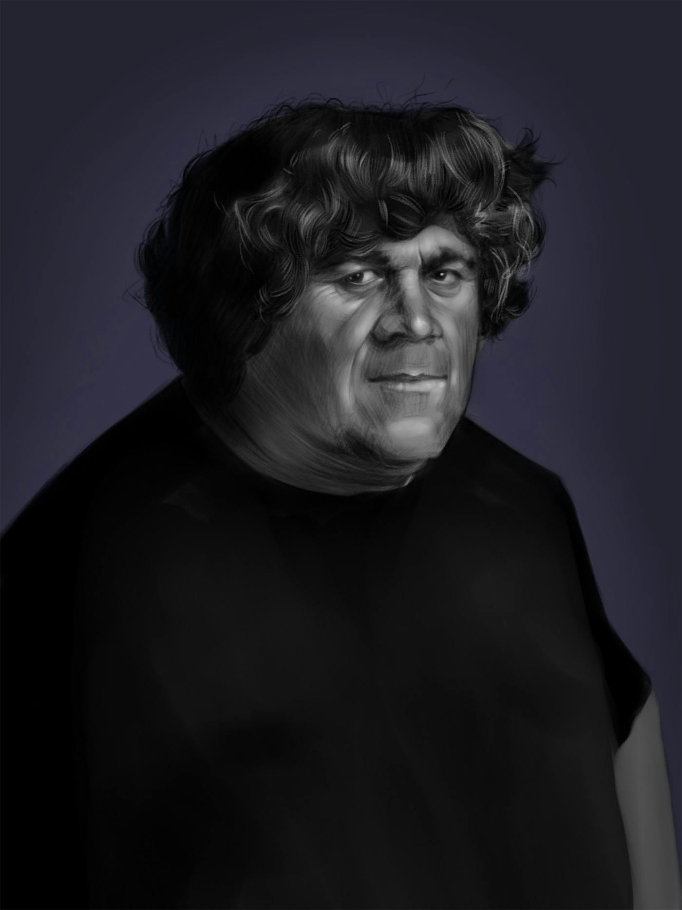 A digital illustration of the bust of a heavy set man with bushy hair at 3/4 to the right of the viewer; the style is imitating the application of black and white pencil crayons on a dark purple background.
