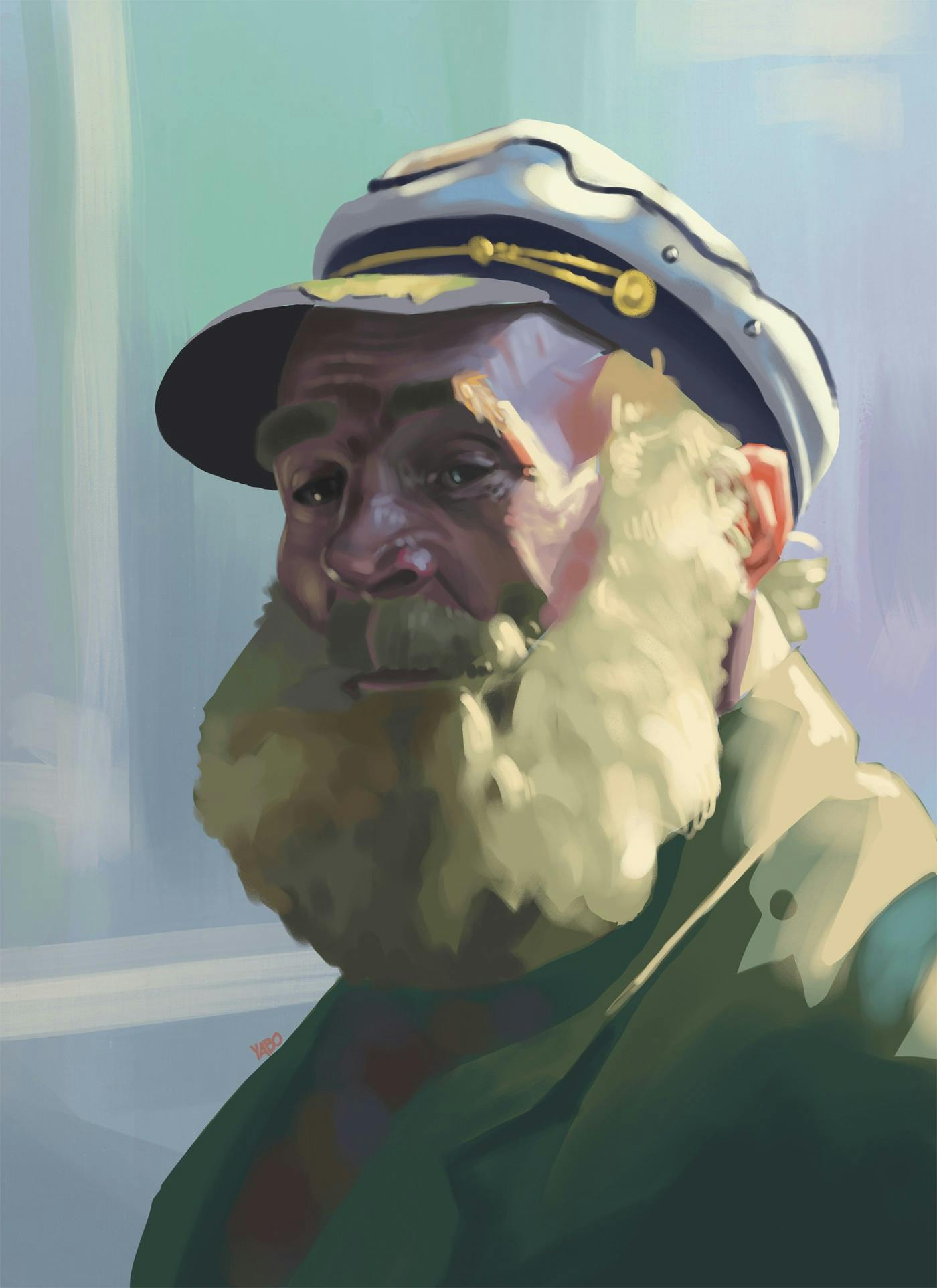 A digital painting of a man with a large beard wearing a sea captain hat; he is looking to the viewer's left and is lit from the right.