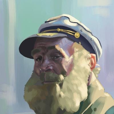 A digital painting of a man with a large beard wearing a sea captain hat; he is looking to the viewer's left and is lit from the right.