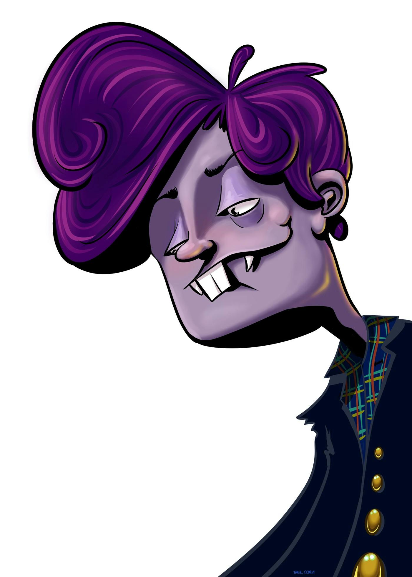 A digital illustration of a buck-toothed vampire with mauve skin and bouffant purple hair, wearing a dark purple overcoat with gold buttons.