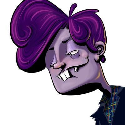 A digital illustration of a buck-toothed vampire with mauve skin and bouffant purple hair, wearing a dark purple overcoat with gold buttons.