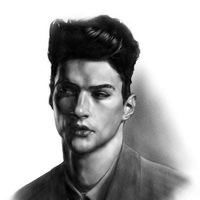 A black and white digital drawing imitating graphite of a young man with a tall swoop of hair on top, close cropped on the sides.