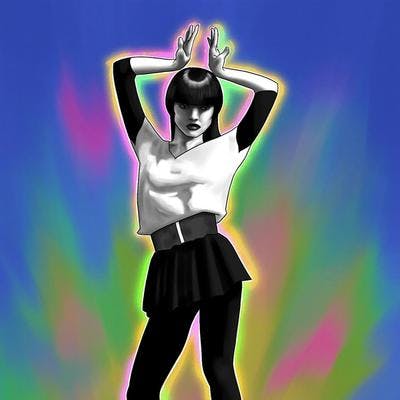 A digital illustration of dancer Bambi Naga in greyscale, against a background where various bright colours are emanating from her feet.