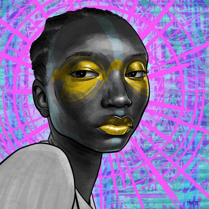 A digital illustration of a black woman who is in greyscale, with gold and blue-silver paint decorations on her face, against a busy geometric pink and blue background.
