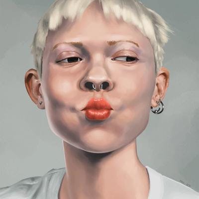 A realistic digital painting of a woman looking directly at the viewer with short platinum blonde hair pursing her lips which have a bright red lipstick on them.
