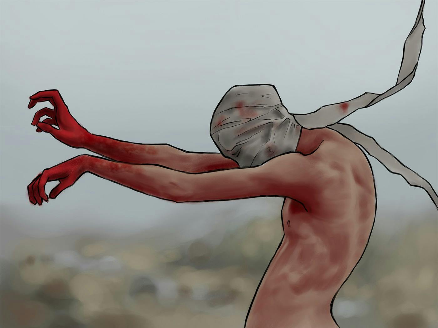 A digital illustration of a shirtless man in profile from the waist up wearing blood-stained cloth bandages covering his head; his arms are held out in a loose hadouken and his hands are covered in blood.