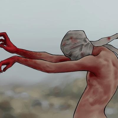 A digital illustration of a shirtless man in profile from the waist up wearing blood-stained cloth bandages covering his head; his arms are held out in a loose hadouken and his hands are covered in blood.