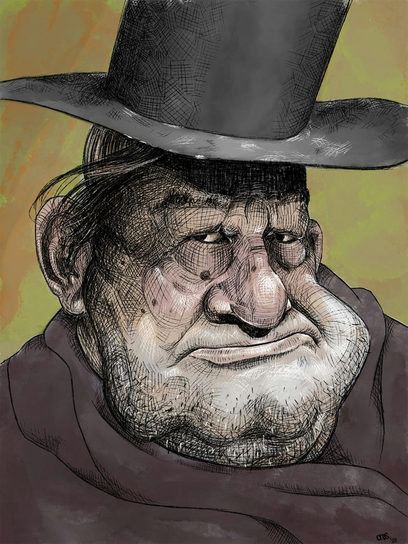 A digital ink caricature of a man in the 1800s, coloured in washes of yellow and burgundy.