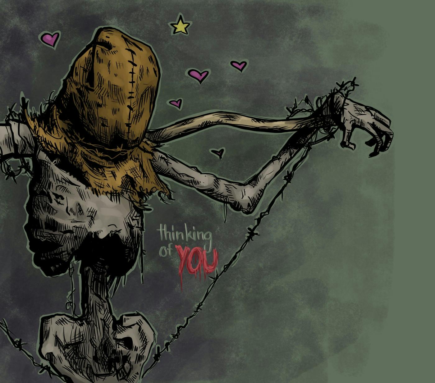 A digital illustration in comic book style of a scarecrow-like corpse attached to a stick by barbed wire, wearing a burlap sack on its head; it has little hearts around it and a small message says "thinking of you".