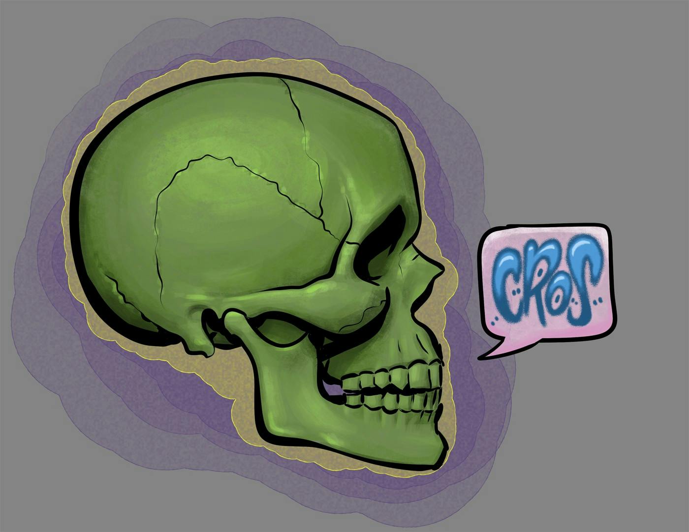 A digital illustration of a human skull in profile saying "CROS", it is drawn using black comic book line work and rendered semi-realistically in bright green.
