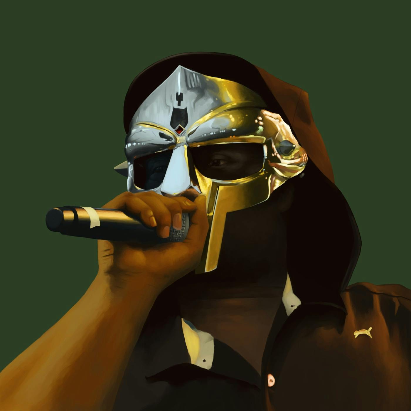 A digital painting of rapper MF DOOM wearing a hooded black shirt and his iconic mask reflecting the environment; he is holding a microphone to his mouth.