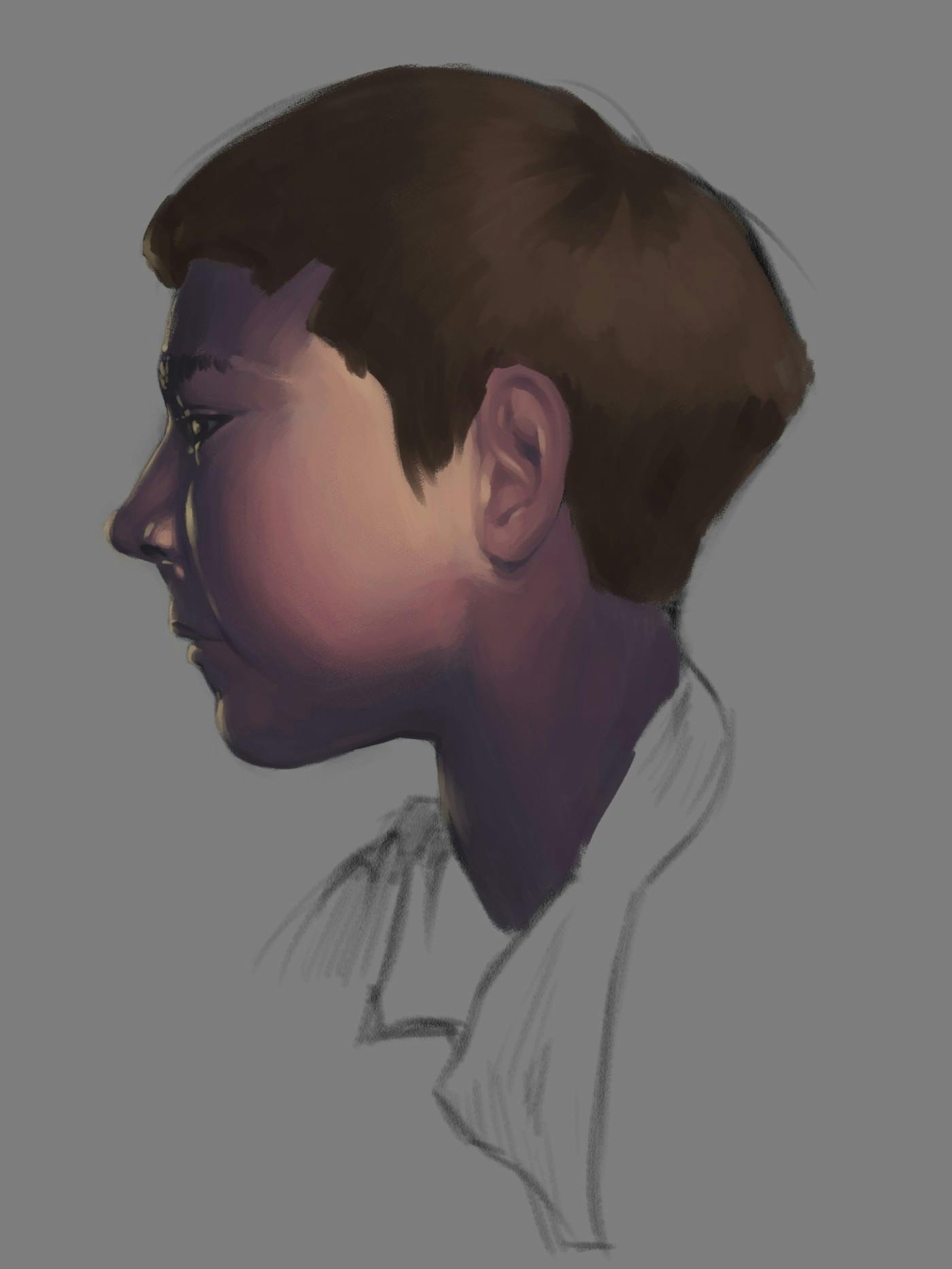 A digital sketch of a boy in profile with his skin rendered with cool purples in the shadows and warm ochre in the light.