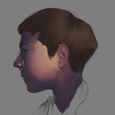 A digital sketch of a boy in profile with his skin rendered with cool purples in the shadows and warm ochre in the light.
