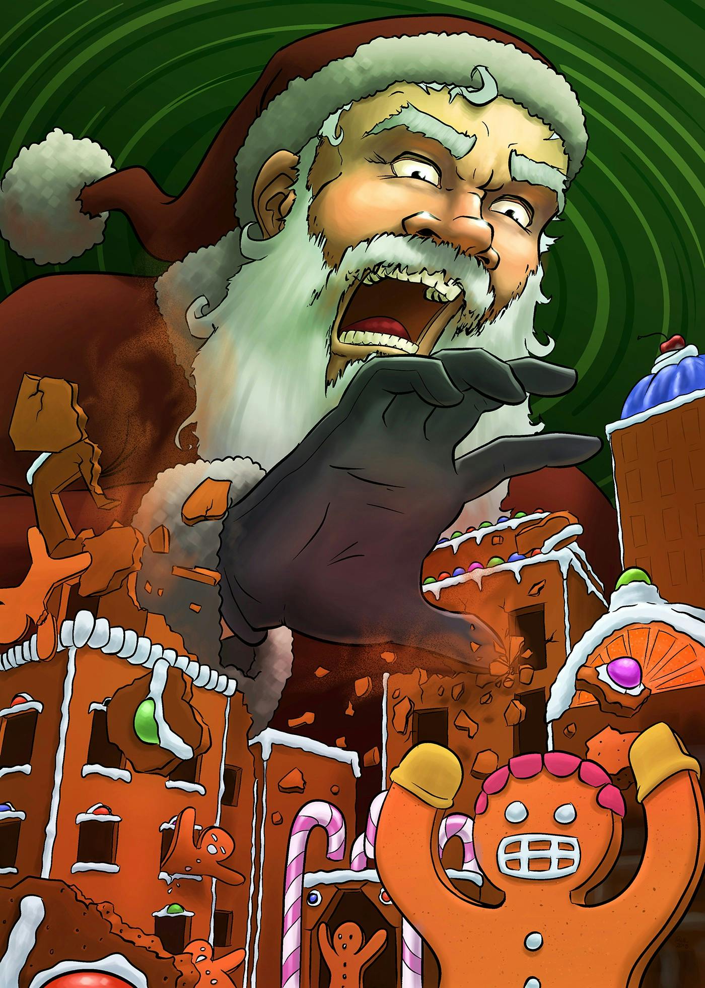 A digital illustration in comic book style of Santa Claus attacking a gingerbread city with gingerbread people panicking in the streets.