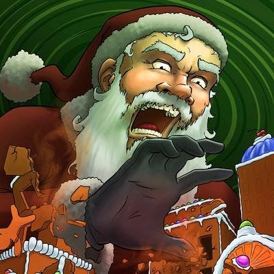 A digital illustration in comic book style of Santa Claus attacking a gingerbread city with gingerbread people panicking in the streets.
