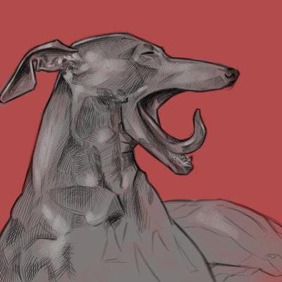 A digital drawing of a dog with a long narrow snout and slim ears in greyscale using hatching against a bright salmon background; the dog is in profile and yawning.