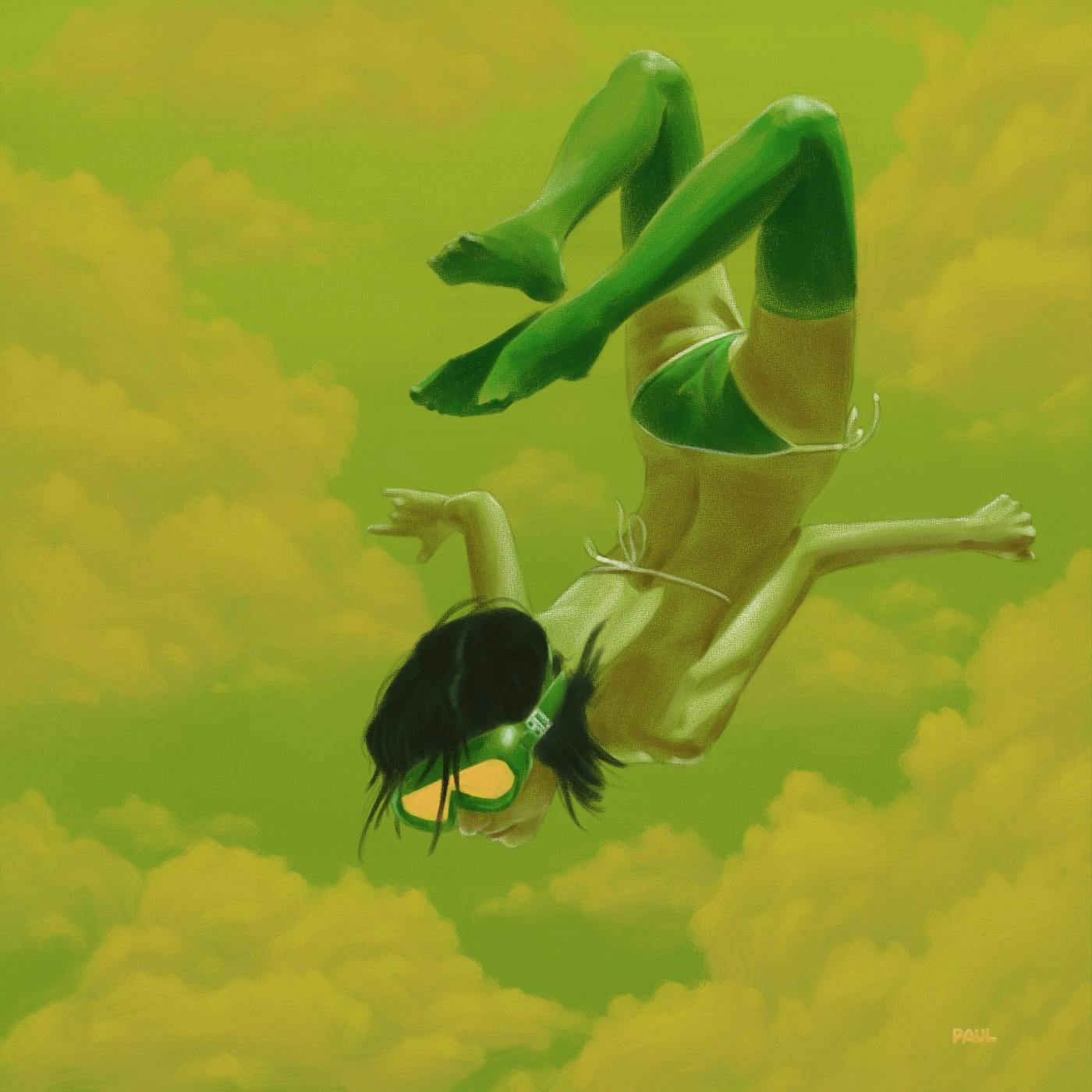 A digital painting of a woman in a green bikini and green stockings diving through the air among a green sky with yellow clouds.