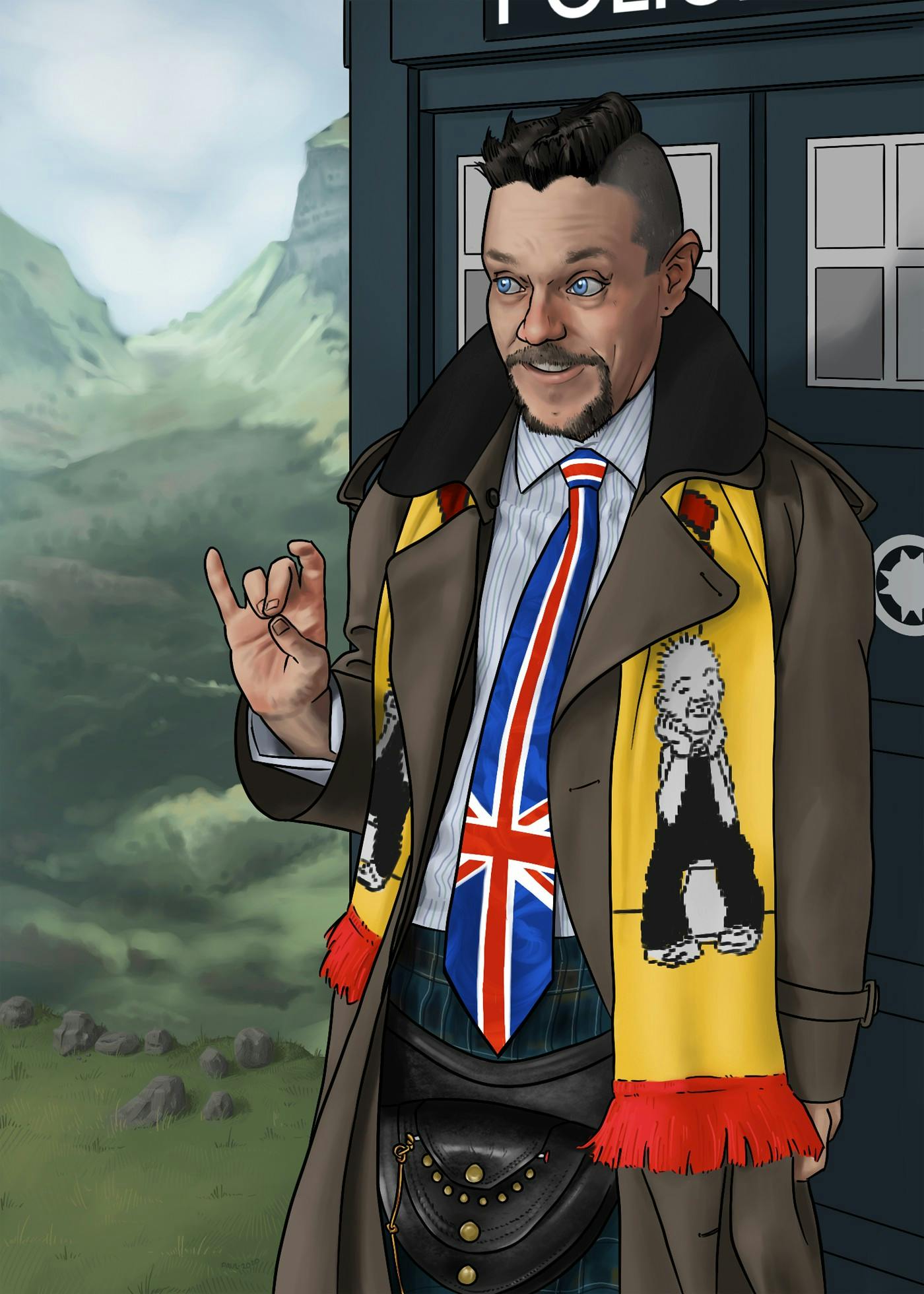 A comic style digital illustration of a man standing next to the Tardis somewhere in the Scottish highlands; he is wearing a long brown trench coat, and Ooo Wille scarf, a union jack tie, and a tartan kilt.