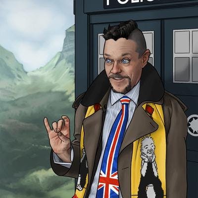 A comic style digital illustration of a man standing next to the Tardis somewhere in the Scottish highlands; he is wearing a long brown trench coat, and Ooo Wille scarf, a union jack tie, and a tartan kilt.