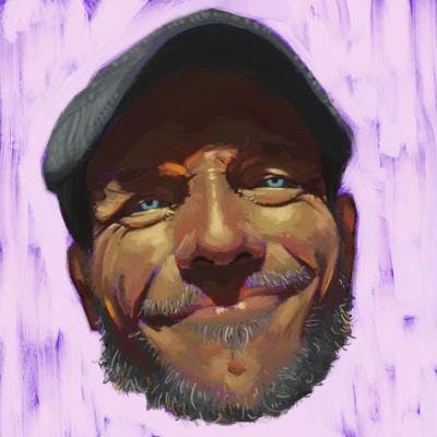 A digital painting of the Wil Pratt's face looking directly at the viewer against a purple and lavender background with visible brush strokes.