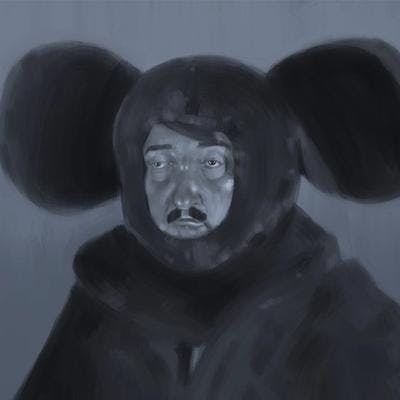 A digital painting in muted blues of the bust of a man wearing a mouse suit and sporting a small mustache.