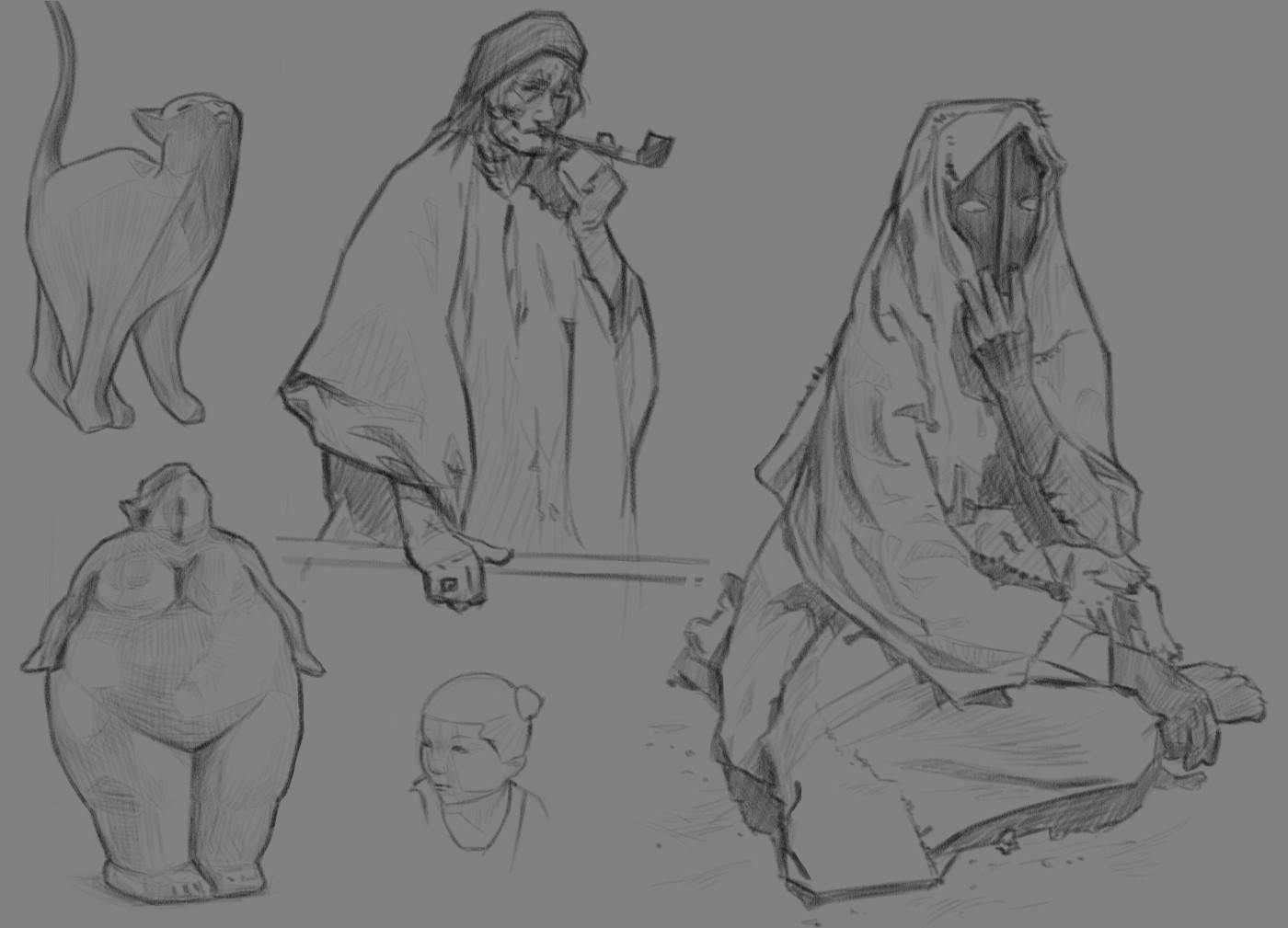 A digital sketch emulating graphite of several subjects; a statue of a cat, a fertility statue, a young girl's face, a bedouin man smoking a pipe and wearing a cloak, and a cloaked man holding a mask to his face sitting on the ground.