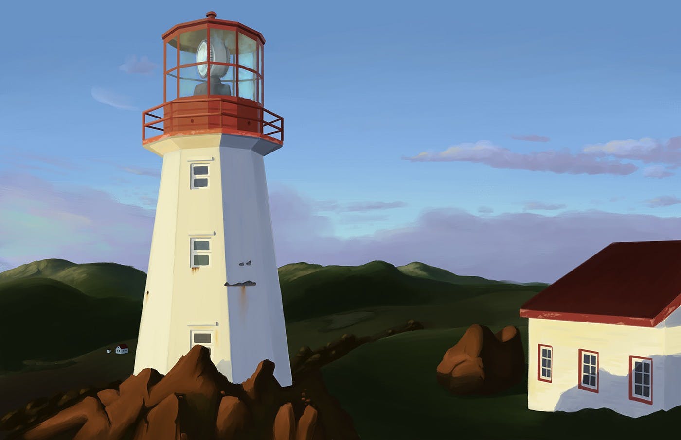 A digital painting of a lighthouse in Newfoundland lit from the left by a setting sun and against a dark, rolling green hills and a blue sky with low purple clouds.