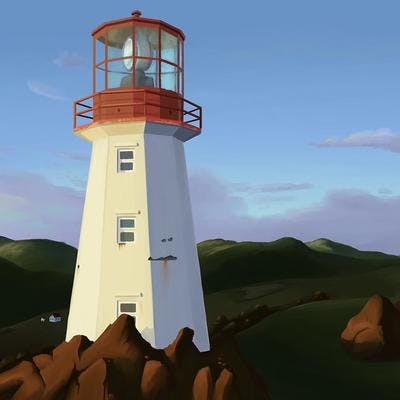 A digital painting of a lighthouse in Newfoundland lit from the left by a setting sun and against a dark, rolling green hills and a blue sky with low purple clouds.