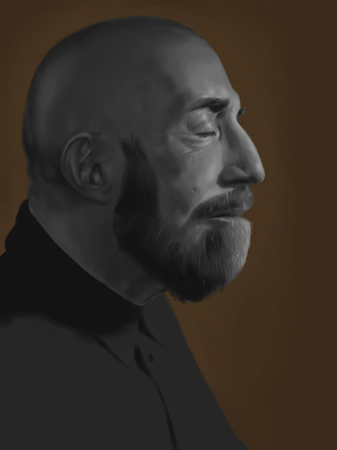 A digital painting of a bald, bearded man in profile with his eyes closed; he is painted in greyscale and is atop a brown background.