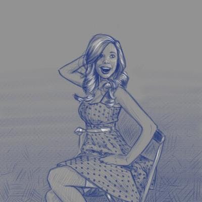 A digital sketch emulating blue coloured pencil on grey paper of a woman sitting on a chair, posing in a typical pinup style, with a big smile.