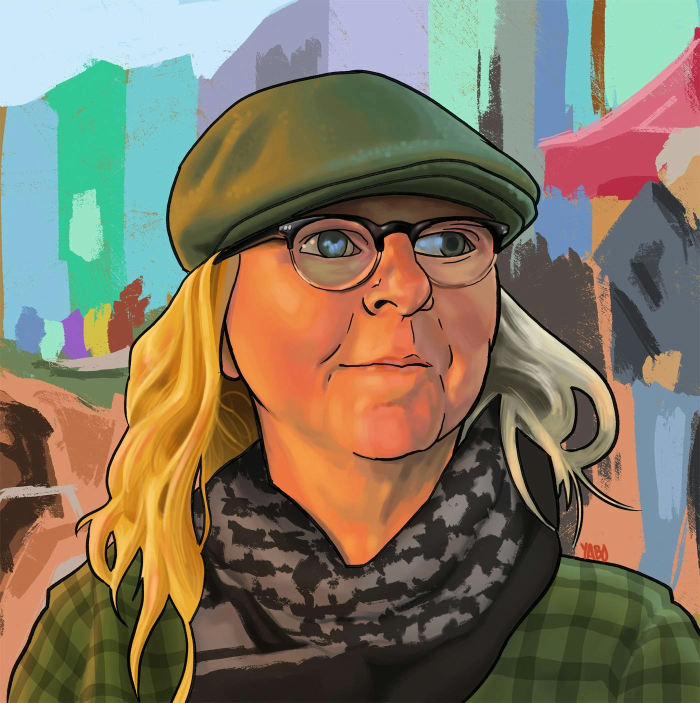 A colourful digital illustration of a woman looking to the right of the viewer, wearing a green hat, houndstooth scarf, and green checked coat.