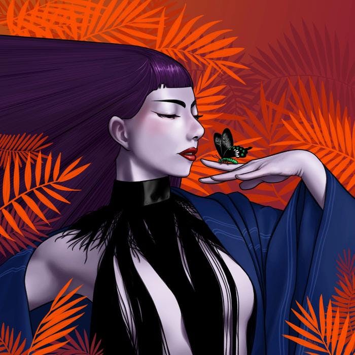 An illustration of a pale woman with purple hair blowing backwards; she is wearing a tasselled top and blue cloak, and standing amongst stylized orange foliage.