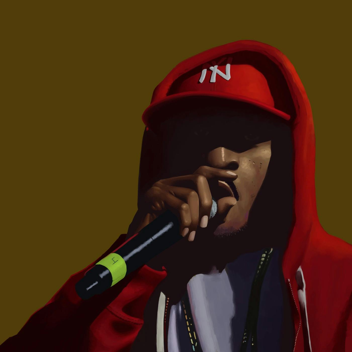 A digital painting of the rapper Rakim wearing a red hooded sweater jacket and a red NY ball cap, holding a microphone to his mouth.