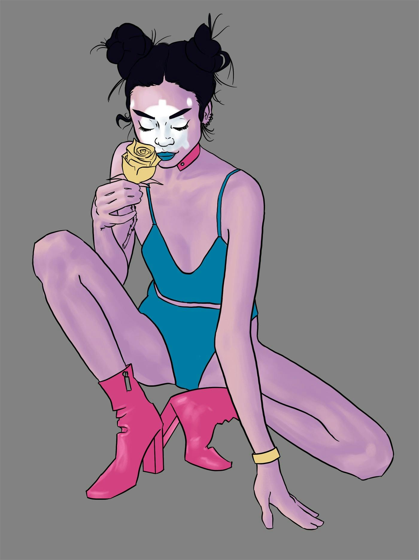 A digital illustration in comic book style of a woman crouching and smelling a flat-coloured yellow rose; she has a white symbol painted overtop the centre of her face, has mauve skin, and is wearing a blue top and bottoms with bright pink shin-height boots.