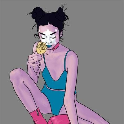 A digital illustration in comic book style of a woman crouching and smelling a flat-coloured yellow rose; she has a white symbol painted overtop the centre of her face, has mauve skin, and is wearing a blue top and bottoms with bright pink shin-height boots.