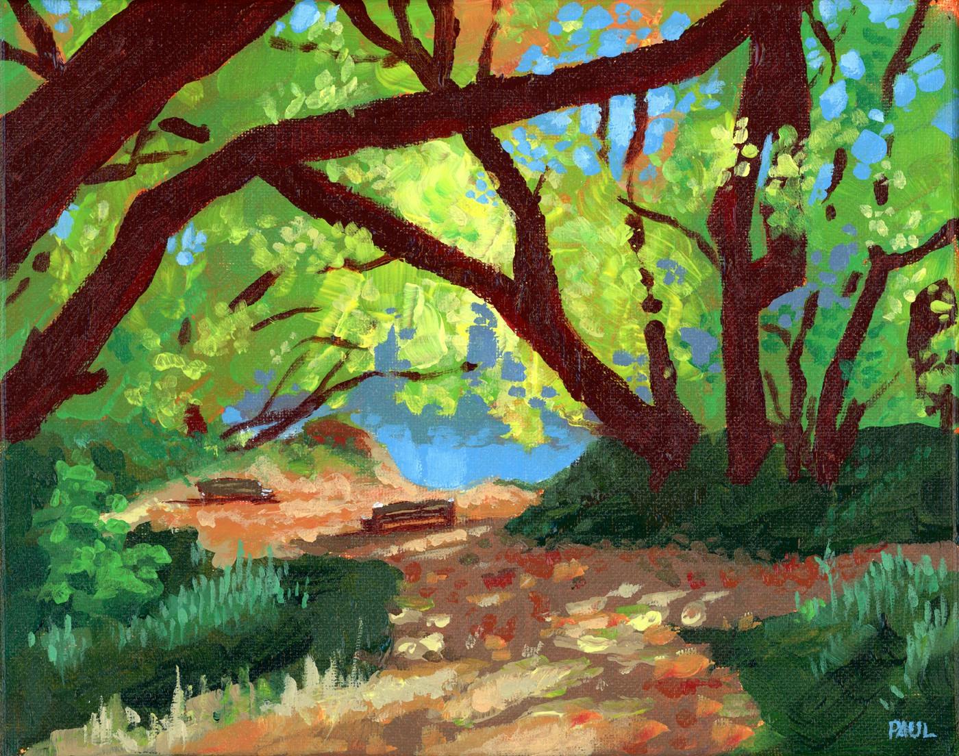 An acrylic painting of two benches overlooking the North Saskatchewan river in a sunlight opening amongst copses of trees delineated by leaf strewn dirt paths.