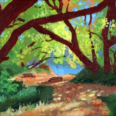 An acrylic painting of two benches overlooking the North Saskatchewan river in a sunlight opening amongst copses of trees delineated by leaf strewn dirt paths.