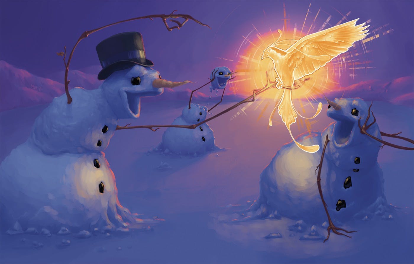 A digital painting of three snow-people looking amazedly at a golden glowing bird perching on the hand of the snow-person in the foreground; they are standing in a snowy flat among mountains in the distance and everything is lit with a purple blue hue.