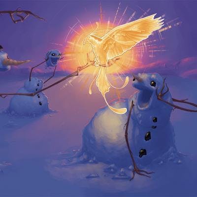 A digital painting of three snow-people looking amazedly at a golden glowing bird perching on the hand of the snow-person in the foreground; they are standing in a snowy flat among mountains in the distance and everything is lit with a purple blue hue.