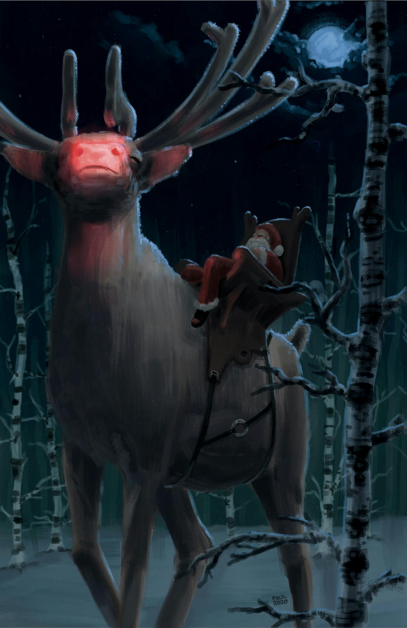 A digital painting of Santa Claus riding a massive reindeer with a glowing red snout among a forest of birch trees at night while the moon glows above.
