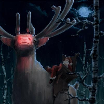 A digital painting of Santa Claus riding a massive reindeer with a glowing red snout among a forest of birch trees at night while the moon glows above.