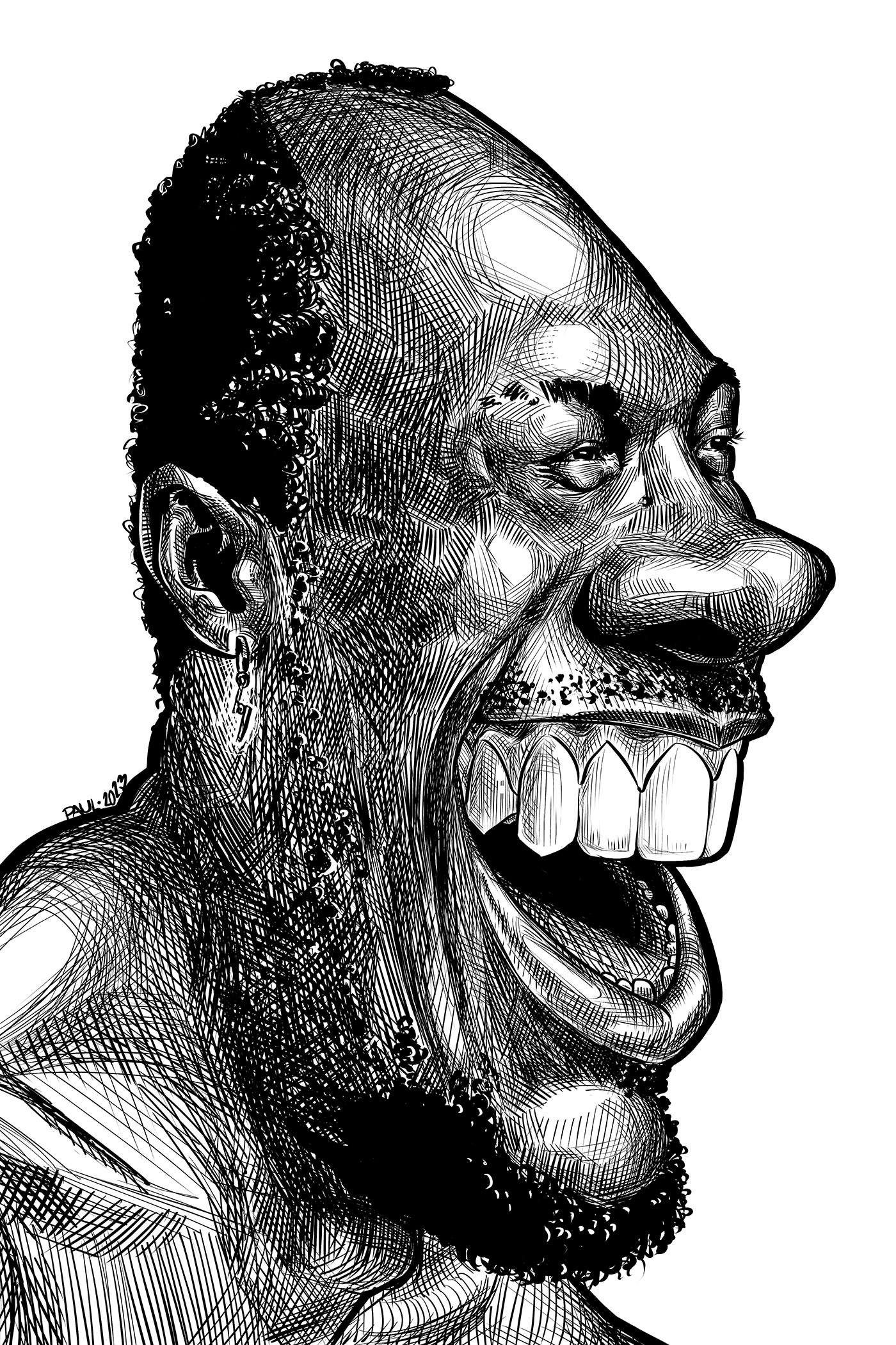 A black and white caricature of an black man with a big smile.