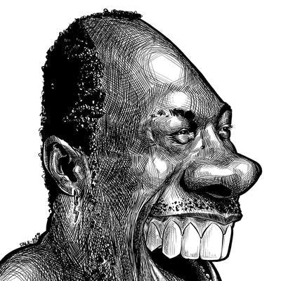 A black and white caricature of an black man with a big smile.