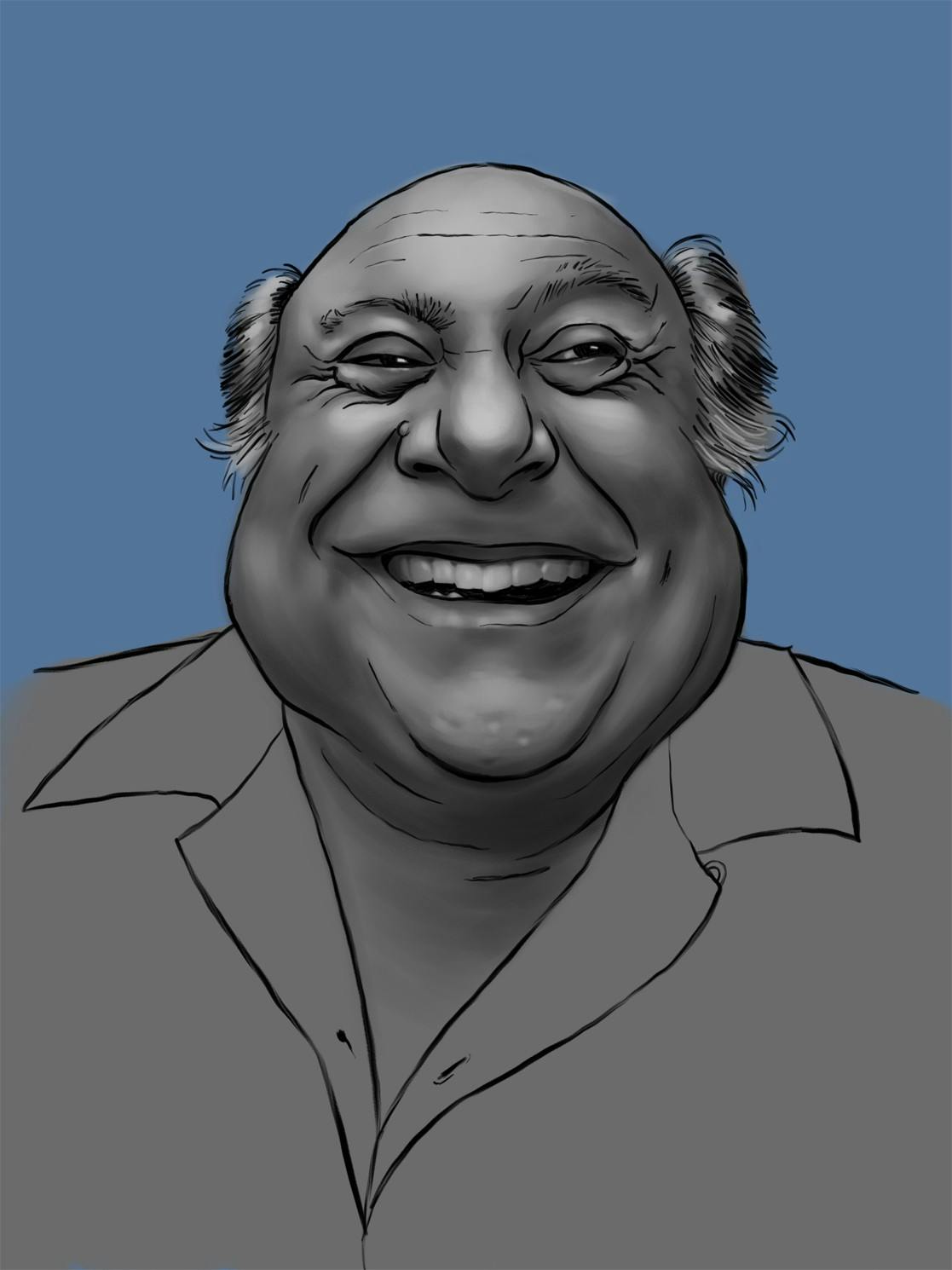 A mostly greyscale caricature of actor Danny DeVito smiling.