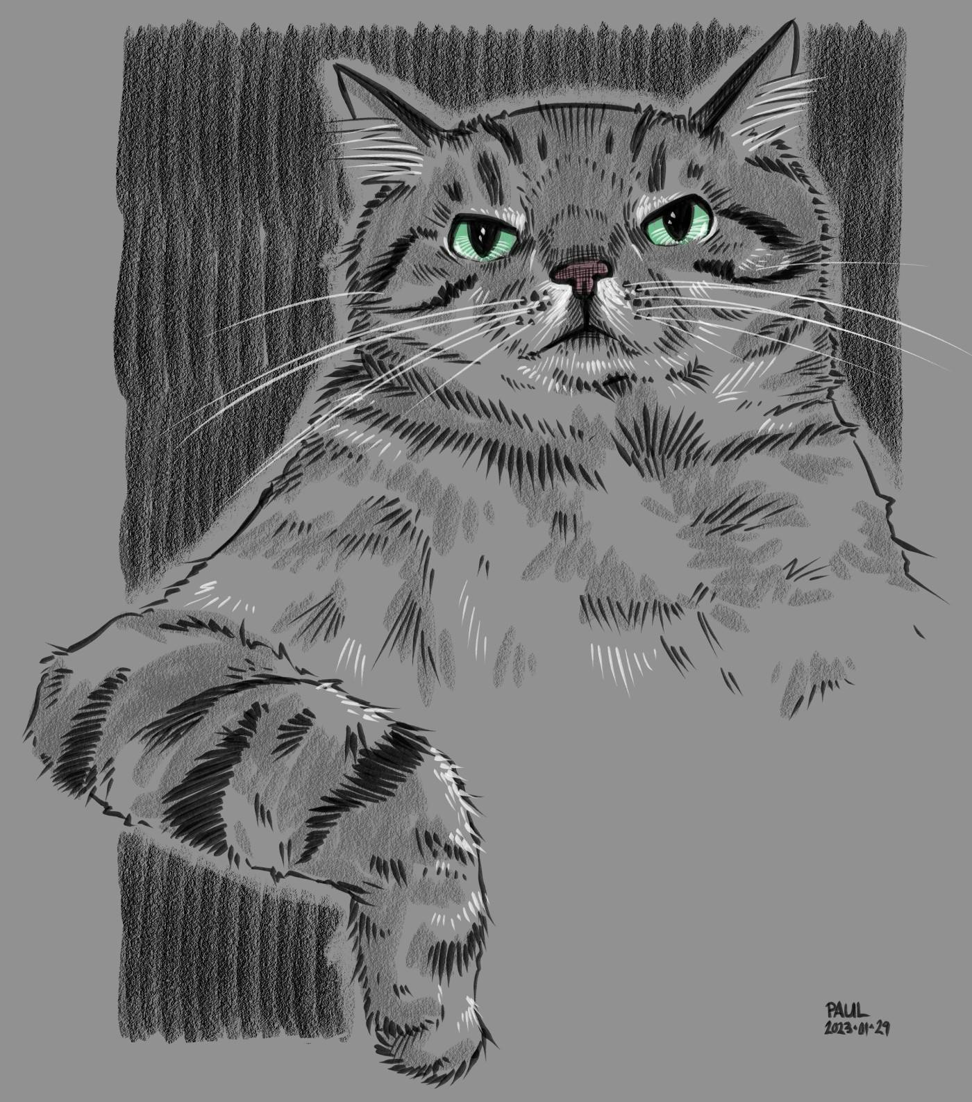 A digital drawing emulating graphite of a wide-set cat leaning with its arm draped over an invisible object.