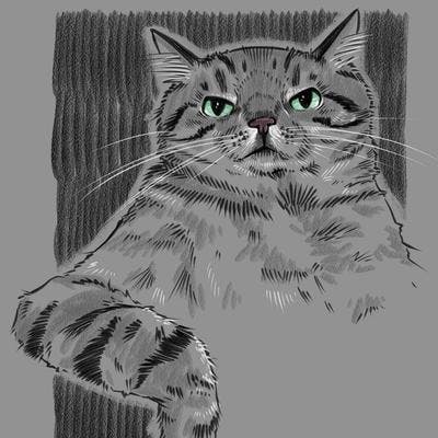 A digital drawing emulating graphite of a wide-set cat leaning with its arm draped over an invisible object.