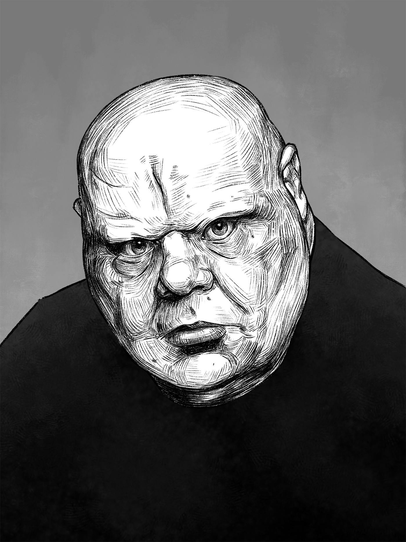 A portrait of a bald man looking intensely at the viewer drawn with dry ink hatching, in black and white.